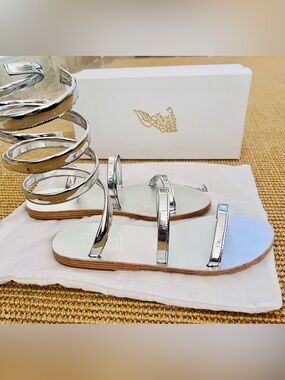 Ancient Greek Sandals Silver Metallic Strappy Flat Gladiator Sandals